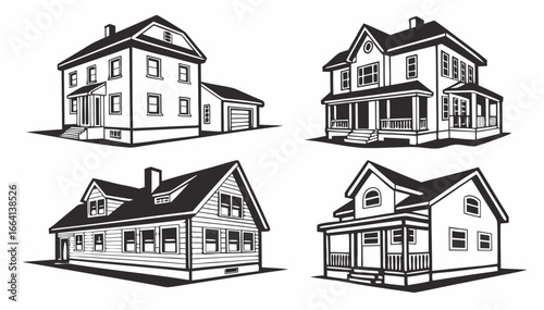 Collection of four distinct black and white vector illustrations of traditional american suburban houses showcasing architectural variety and charm