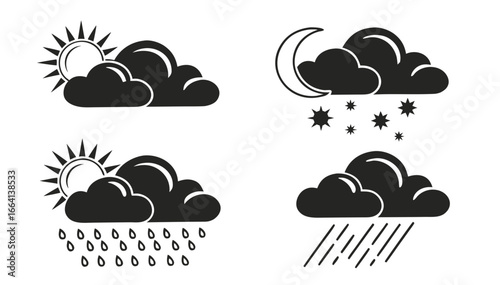 Set of four weather icons depicting sunshine with clouds nighttime with clouds and stars daytime rain with clouds and sun and nighttime rain with clouds all in a simple black and white graphic style