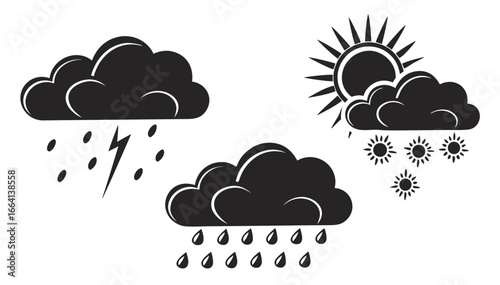 Collection of stylized black weather icons depicting stormy rain with lightning heavy rain and partly cloudy with sun