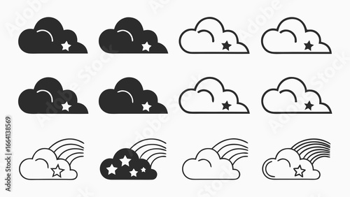 Collection of stylized cloud icons featuring stars and rainbows presented in both solid black silhouette and clean outline designs for versatile graphic use