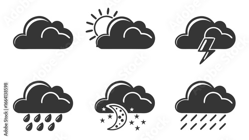 A collection of six simple modern dark grey cloud icons representing various weather conditions like sunshine rain lightning and nighttime with a moon and stars