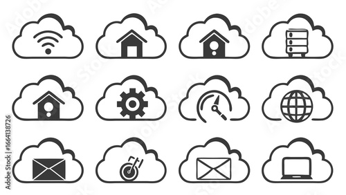 Collection of twelve stylized cloud computing icons representing various digital services and technologies including wi fi home server settings speed globe email target and laptop