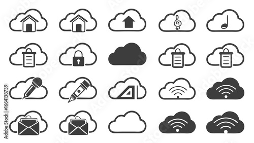 A collection of diverse cloud computing icons representing various digital services and functionalities including home upload music trash security microphone writing and wireless connectivity