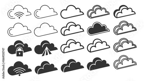 Collection of cloud icons representing various cloud computing services and concepts including security wireless connectivity and data storage with different styles and fills
