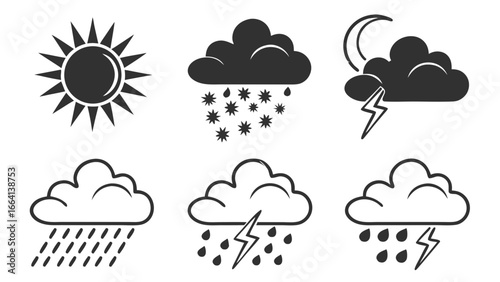Collection of weather icons depicting a bright sun stormy clouds with rain and snow a crescent moon with lightning and various rain and thunderstorm symbols