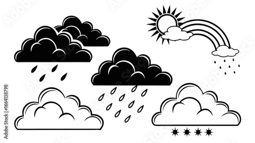 A collection of stylized black and white weather icons featuring rain clouds a sun with a rainbow and a cloud with stars indicating a clear night sky