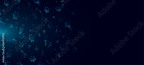 Flying molecular hexagons with light effects for scientific research presentation. Abstract glowing hexagonal blue shapes connected by dots for medical background or biotech design. Vector.