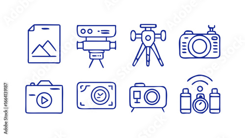 A collection of simple blue line art icons representing various photography and videography equipment including cameras a tripod and accessories against a black background