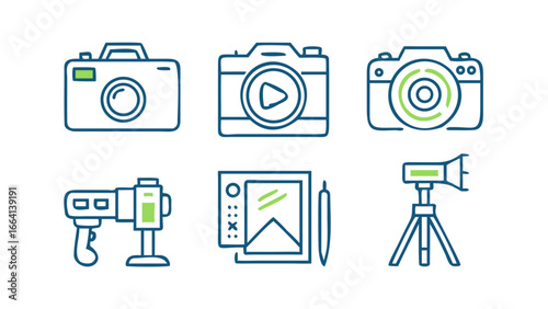 Collection of stylized line art icons representing various photography and videography equipment including cameras camcorder editing tablet and tripod on a black background