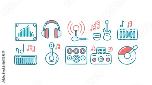 A collection of stylized musical instrument icons and audio equipment symbols in a clean modern line art design with a vibrant blue and pink color palette on a black background
