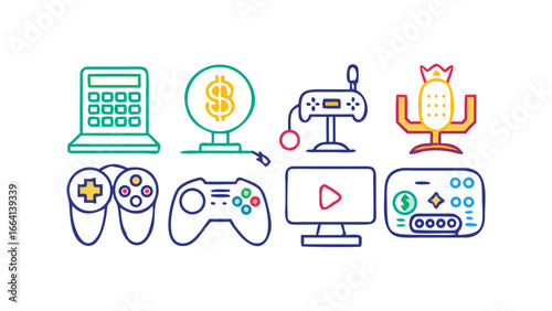 A vibrant collection of colorful flat design icons representing gaming finance and technology including a calculator dollar sign game controllers computer monitor and microphone