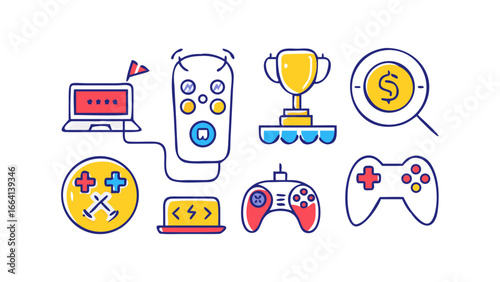 Collection of colorful flat design icons representing video gaming esports coding and financial success with a trophy game controllers laptop and money symbol