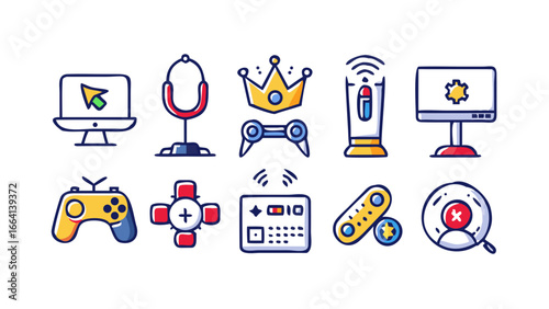 Collection of colorful gaming icons including a computer monitor microphone crown trophy game controllers and other gaming accessories on a black background