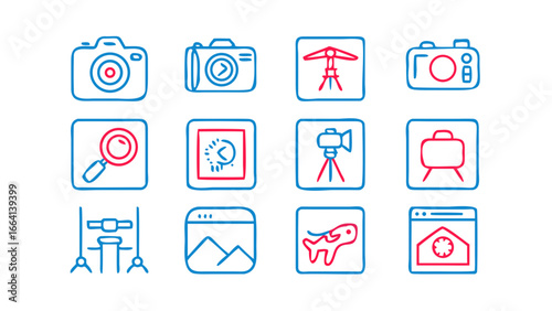 A collection of stylized neon blue and red outline icons on a black background representing photography videography technology and creative concepts with a modern aesthetic