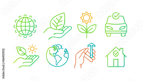 Collection of eco friendly environmental icons representing sustainability renewable energy green living and ecological conservation with a modern gradient style on a black background
