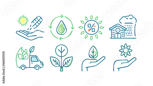 Collection of hand drawn icons representing environmental concepts such as renewable energy solar power water conservation sustainable agriculture eco friendly transportation and green living