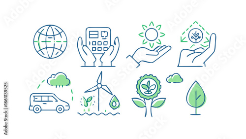 A collection of environmental icons representing global sustainability renewable energy conservation and eco friendly practices in a modern clean line art style