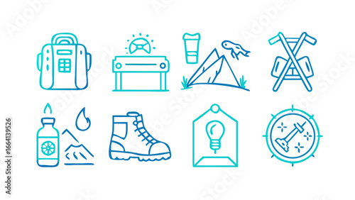 Collection of outdoor adventure and camping icons in a blue gradient outline style on a black background representing hiking gear and activities