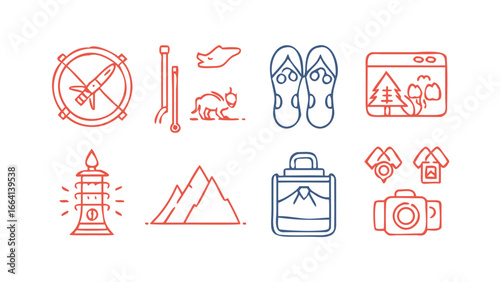A collection of outdoor adventure and camping icons including a no campfire symbol thermometer bison flip flops nature scene lantern mountains water bottle map pins and camera