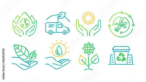 Collection of modern eco friendly green technology icons representing sustainability environmental protection and renewable energy solutions on a black background