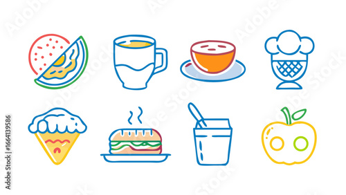 A vibrant collection of stylized food and drink icons featuring a slice of watermelon a steaming mug of coffee a cup of tea an ice cream cone a hot sandwich a to go beverage and a cheerful apple