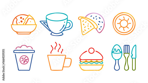 A vibrant collection of colorful neon food and drink icons arranged in two rows against a stark black background showcasing diverse culinary elements