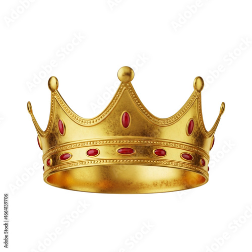 Golden royal crown with red jewels isolated on transparent background