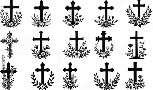 Decorative Christian Cross Silhouettes with Floral Designs" vector bundle