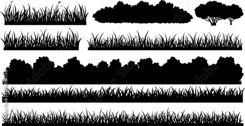 Green grass silhouette. Cartoon lines of plants and shrubs for boarding and framing, eco and organic logo element. Vector set spring field planting shapes lawn or borders garden on white background