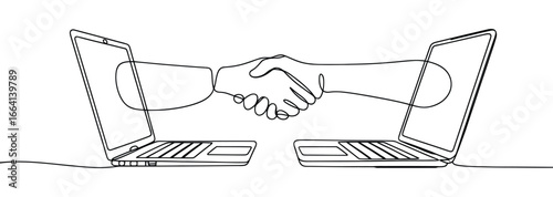 Minimalist continuous line drawing of handshake emerging from laptops, symbolizing virtual agreement, online partnership, and digital trust