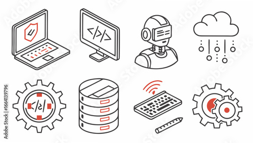 Collection of isometric technology icons representing cybersecurity programming artificial intelligence cloud computing data storage wireless technology and software development processes