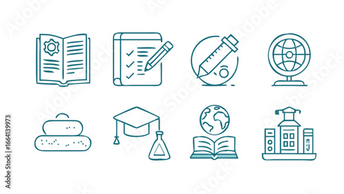 A collection of educational and learning icons in a clean modern line art style on a black background representing knowledge study and academic achievement