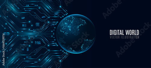 Futuristic digital planet Earth connected with glowing circuit board and electronic elements. Abstract high tech background for data science design and global virtual communication. Vector.