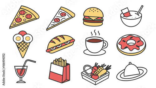 A colorful flat design collection of popular fast food items and drinks including pizza slices burger hot dog ice cream cone coffee cup donut french fries and a covered dish