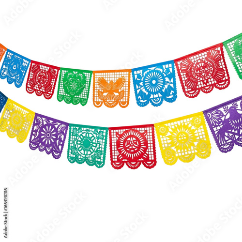 Colorful papel picado bunting decoration isolated on transparent background