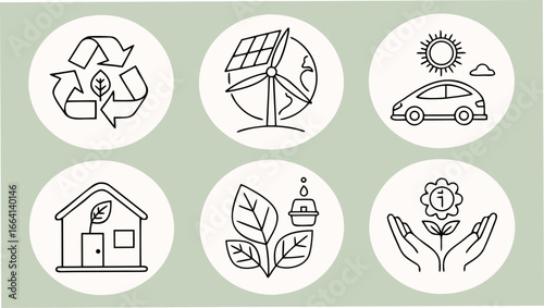 Collection of simple line art icons representing environmental sustainability and green living concepts including recycling renewable energy electric vehicles and plant care