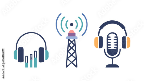 Flat design icons representing audio broadcasting and podcasting with headphones a transmission tower and a microphone on a black background