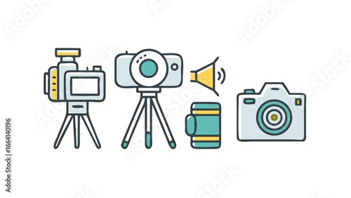Collection of cartoon style video cameras a digital camera a megaphone and a microphone on a black background representing media production and content creation