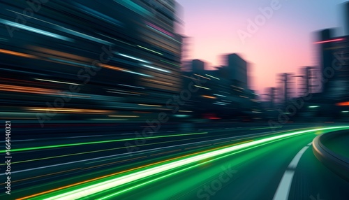 A dynamic, blurred view of a city street with streaks of light, showcasing speed and motion.