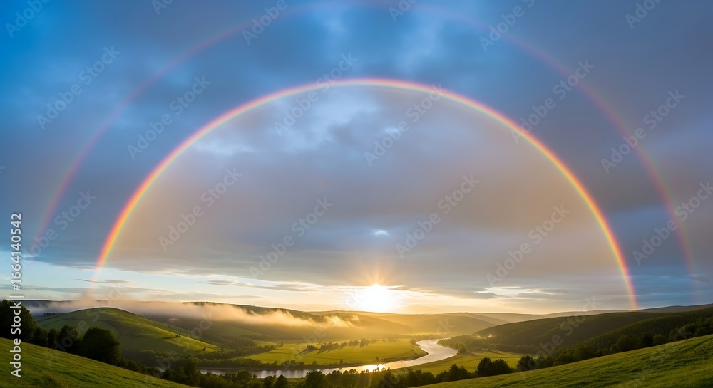 Naklejka premium Vibrant Full Rainbow Arching Over Lush Green Landscape at Sunset.