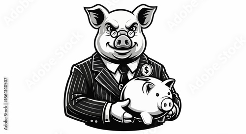 Wealthy Pig Businessman Holding Piggy Bank Illustration
