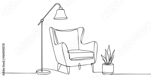 Minimalist continuous line drawing of cozy armchair, floor lamp, and potted plant, symbolizing comfort, interior design, and relaxation