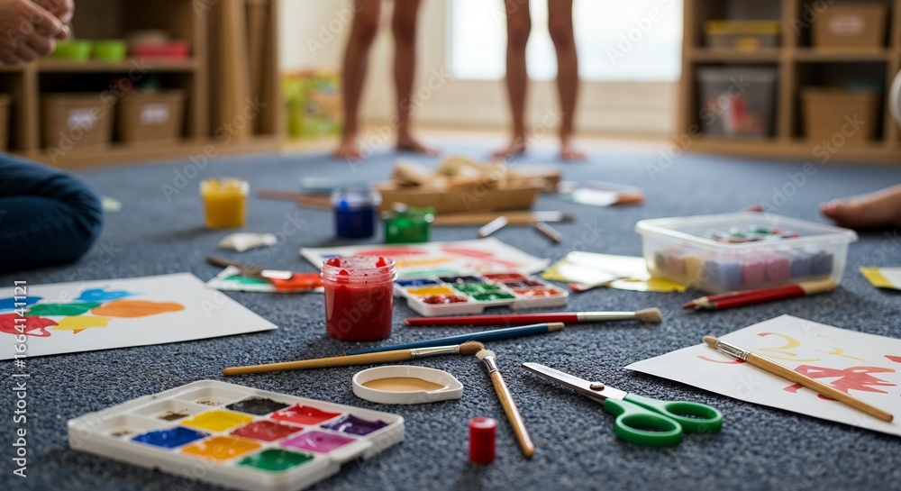 Fototapeta premium Art supplies spread on floor in preschool classroom with bright light and colorful inclusive setting