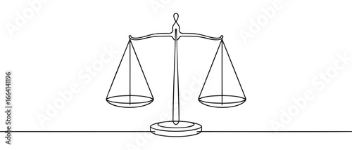 Minimalist continuous line drawing of justice scale, symbolizing law, fairness, equality, legal balance, and ethical decision-making