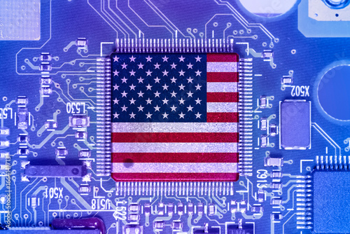 USA flag on a semiconductor  soldered on PCB.