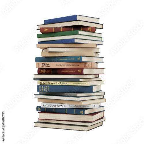 Tall stack of vintage books isolated on transparent background