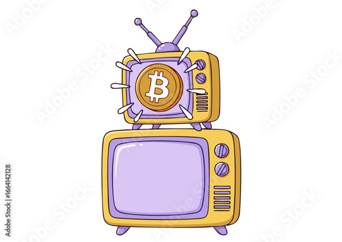 Conceptual artwork of a vintage television set with a Bitcoin symbol on top, representing the concept of crypto currency and financial technology within the media