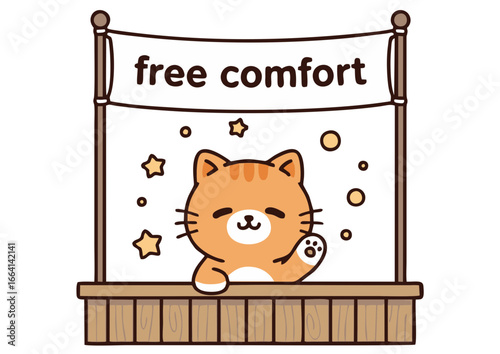 Delightful cartoon depiction of a charming orange feline mascot extending a friendly paw from a cheerful stand, symbolizing a welcoming gesture of free and peaceful emotional comfort to all