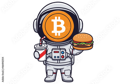 Bitcoin Astronaut Cartoon Crypto-themed Illustration of an astronaut with a bitcoin helmet, holding a burger and soda. A fun and creative digital art piece for crypto enthusiasts