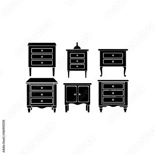 6 different bedside table silhouette vector icons 